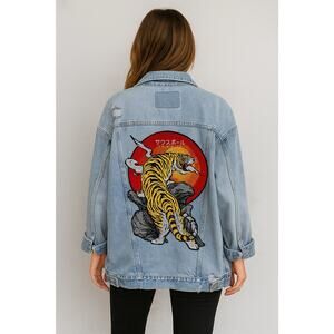 Japanese TIGER Sunset Retro Distressed Denim Jacket Oversized Distressed Sz SP